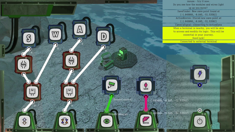 "Butterfly Machine" screenshot - the robot on a rocky beach, with an overlay showing various connected modules controlling your movement