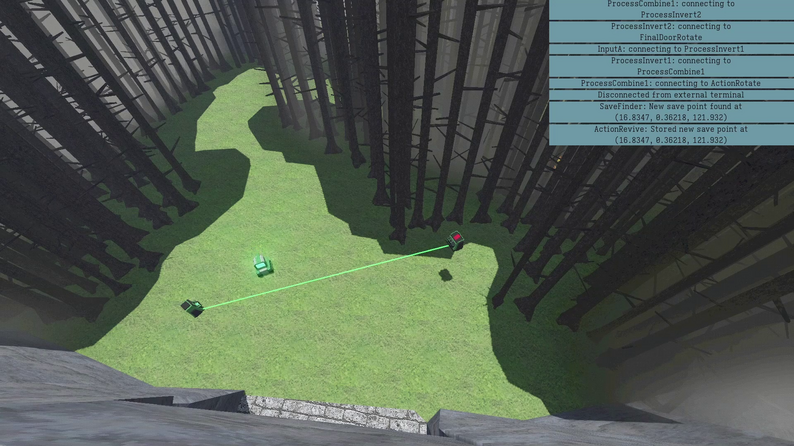 "Butterfly Machine" screenshot - the robot leaving a forest and approaching a cave from a birds-eye perspective
