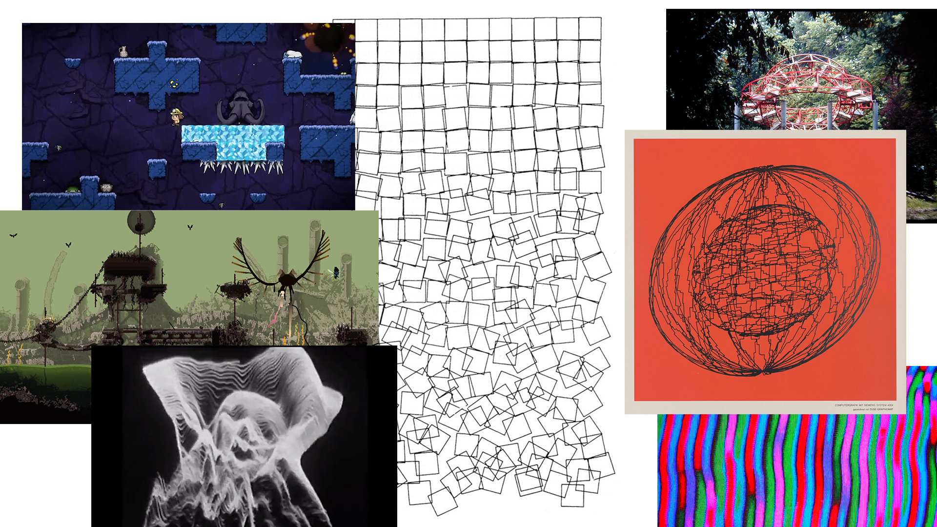 A moodboard of some of the generative art that would eventually inspire our theme: Rain World, Georg Nees, Scan Processor Studies