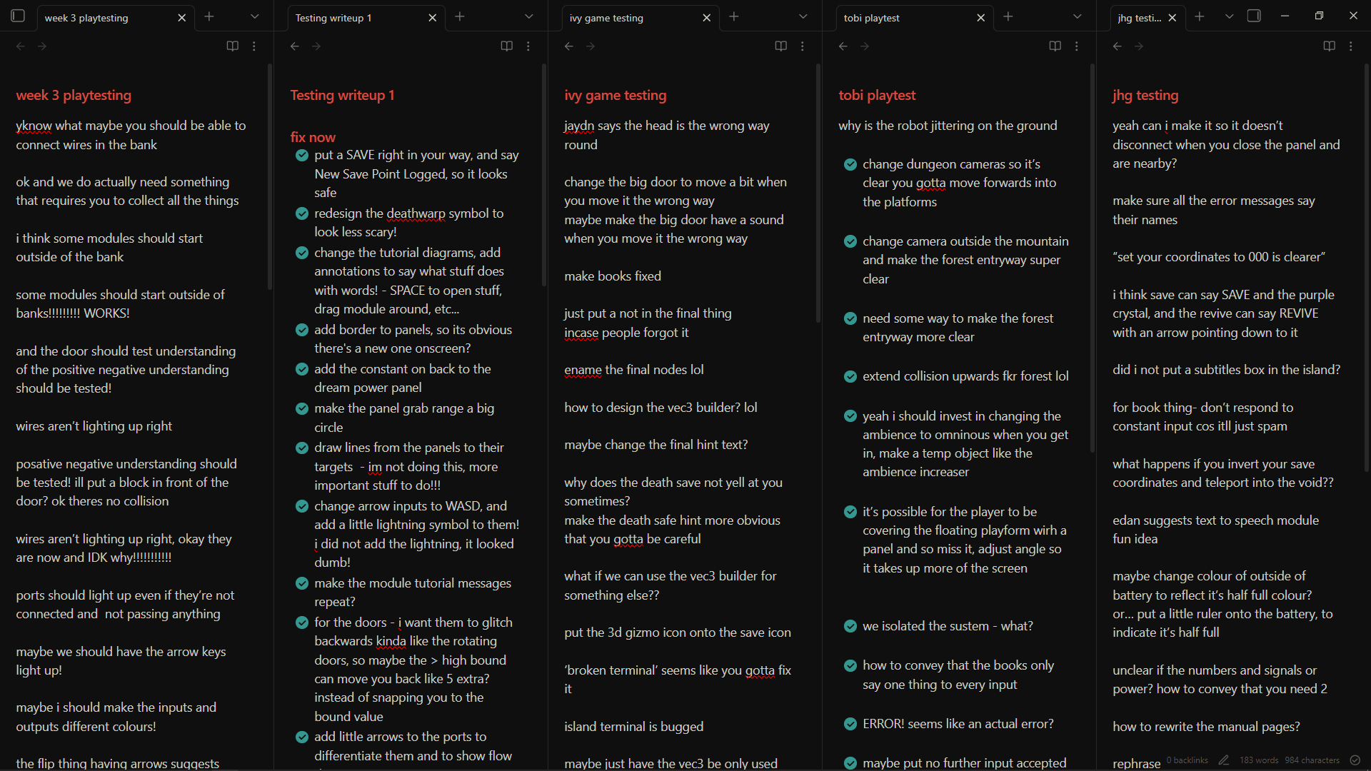 A selection of playtest notes.