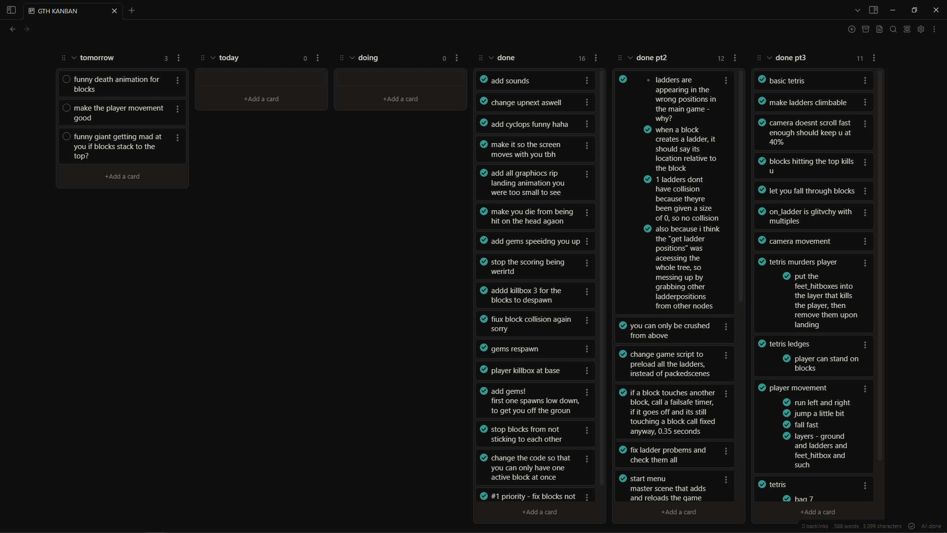 A screenshot of my Obsidian Kanban board full of completed nonsense-sounding tasks