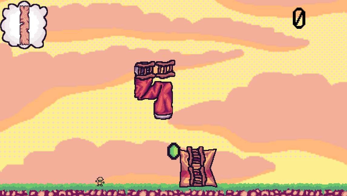 A screenshot of gameplay: Shelby stares up at an encroaching trasheroid.