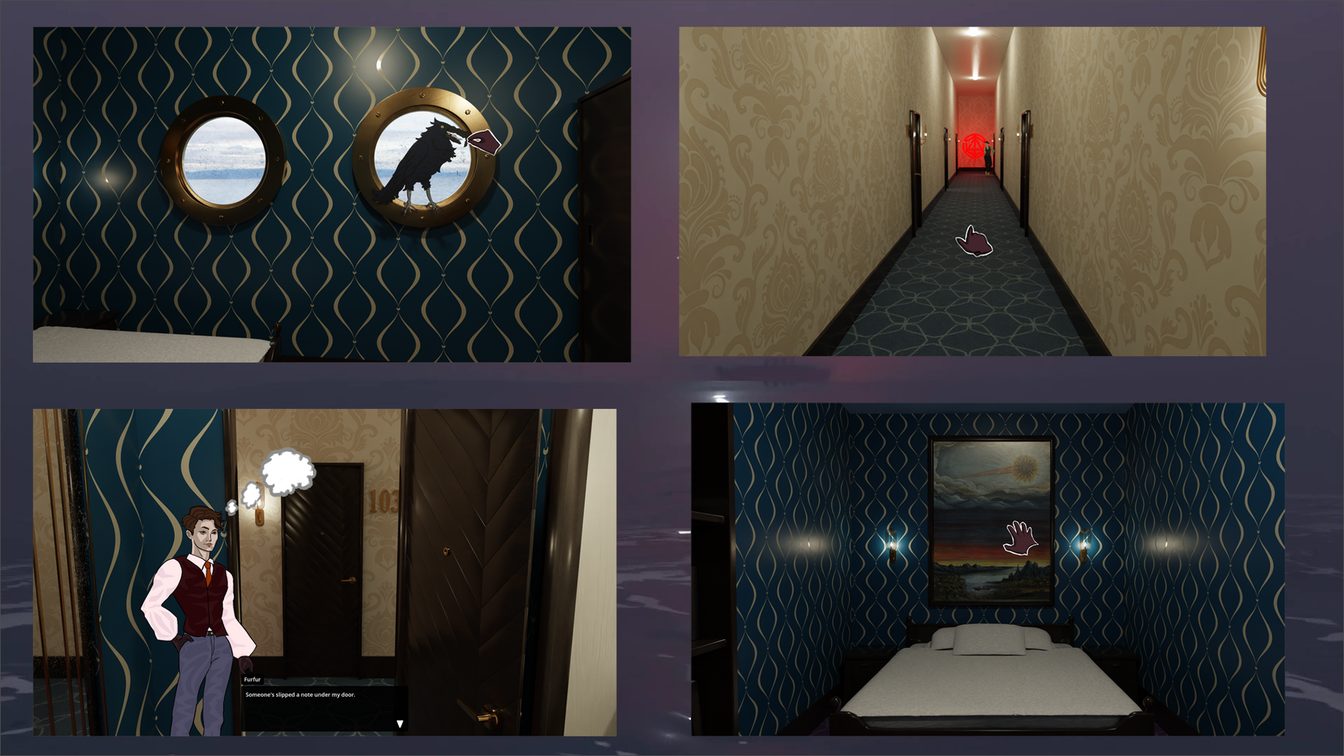 screenshots of gameplay from Hellish Voyage, featuring a crow to talk to, a long omnious hallway and a cosy looking bed