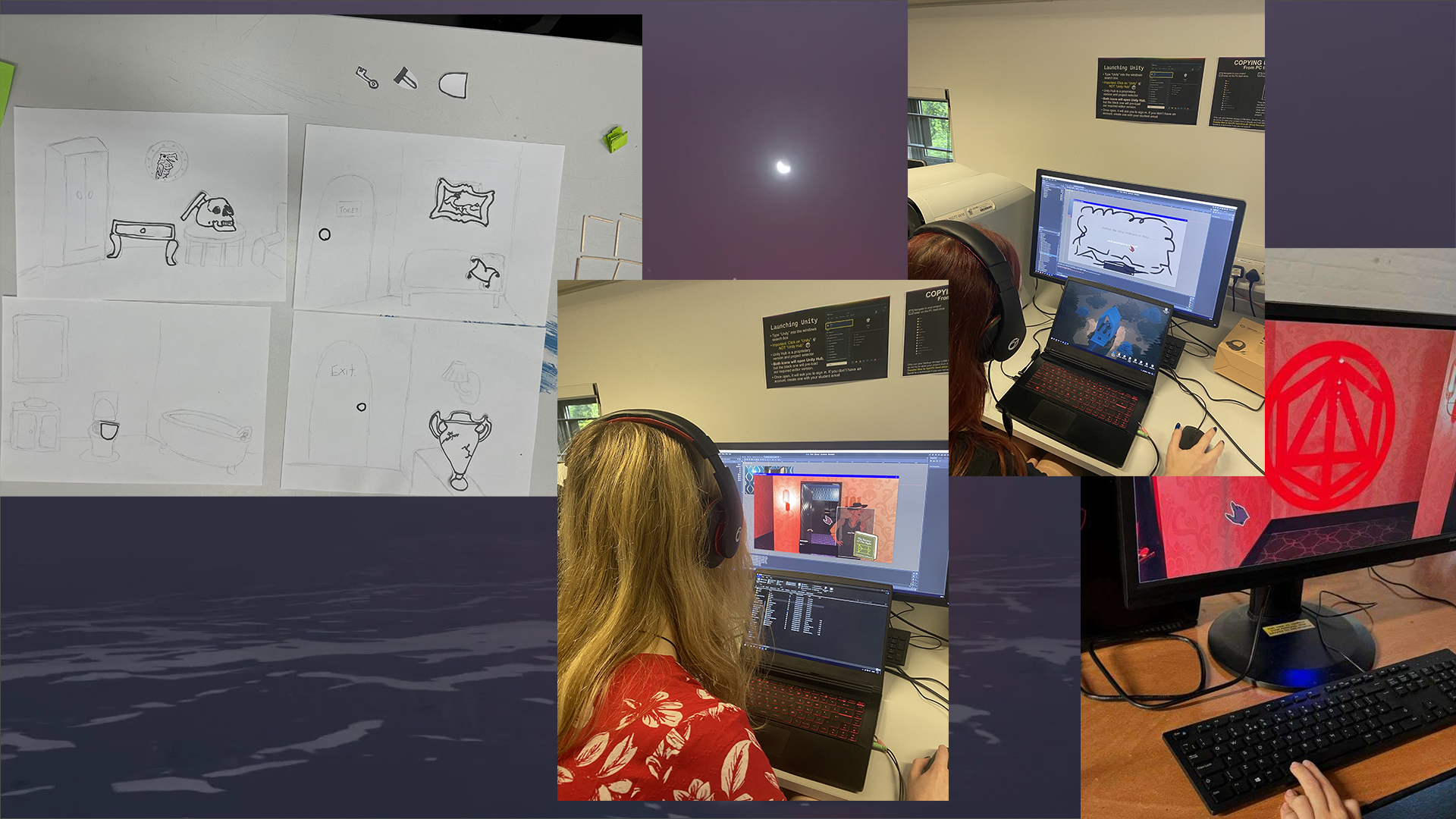 Pictures from various playtesting sessions at different points in development, even including an early paper prototype!