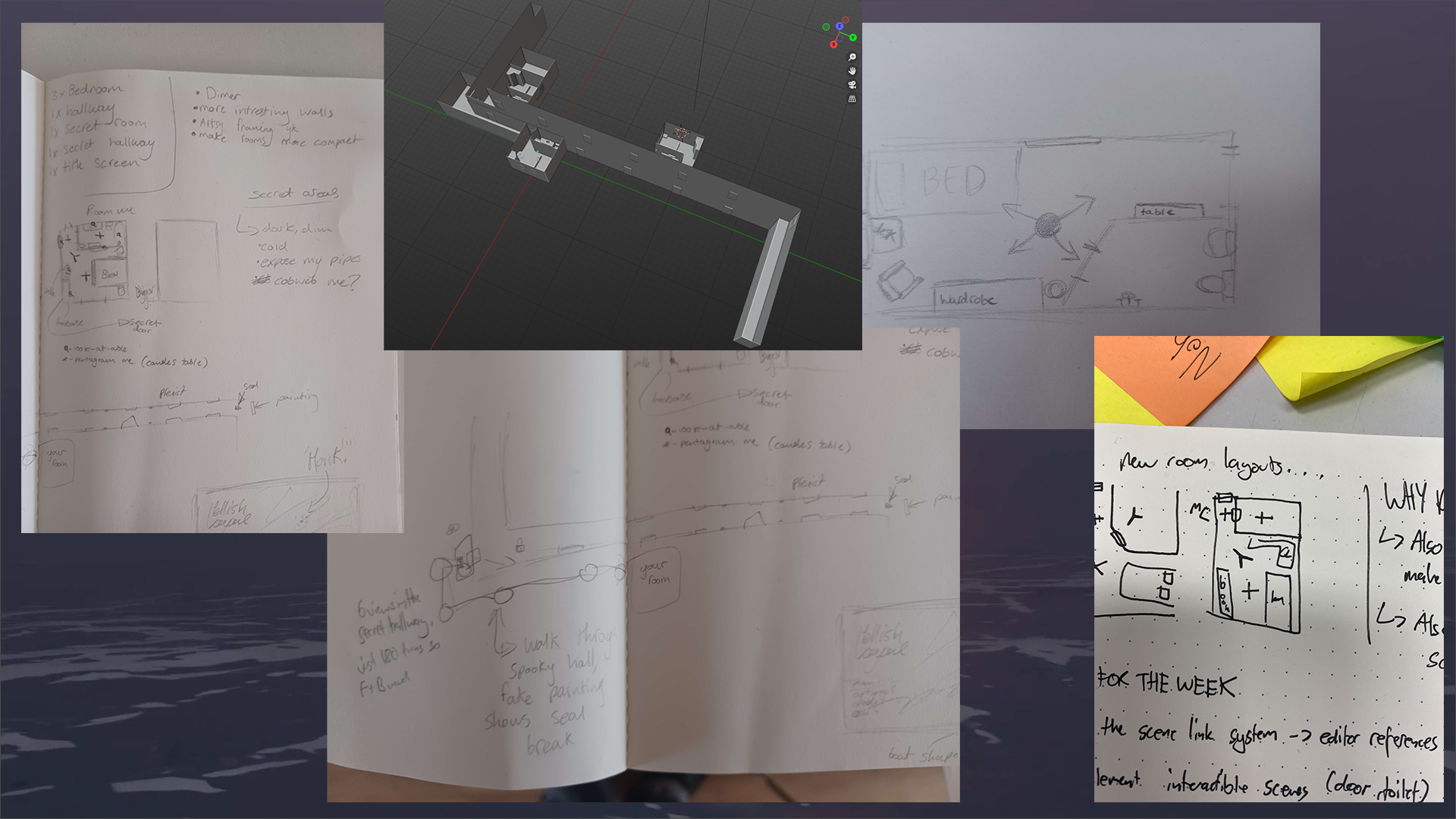 Sketches of level designs from various points in development.