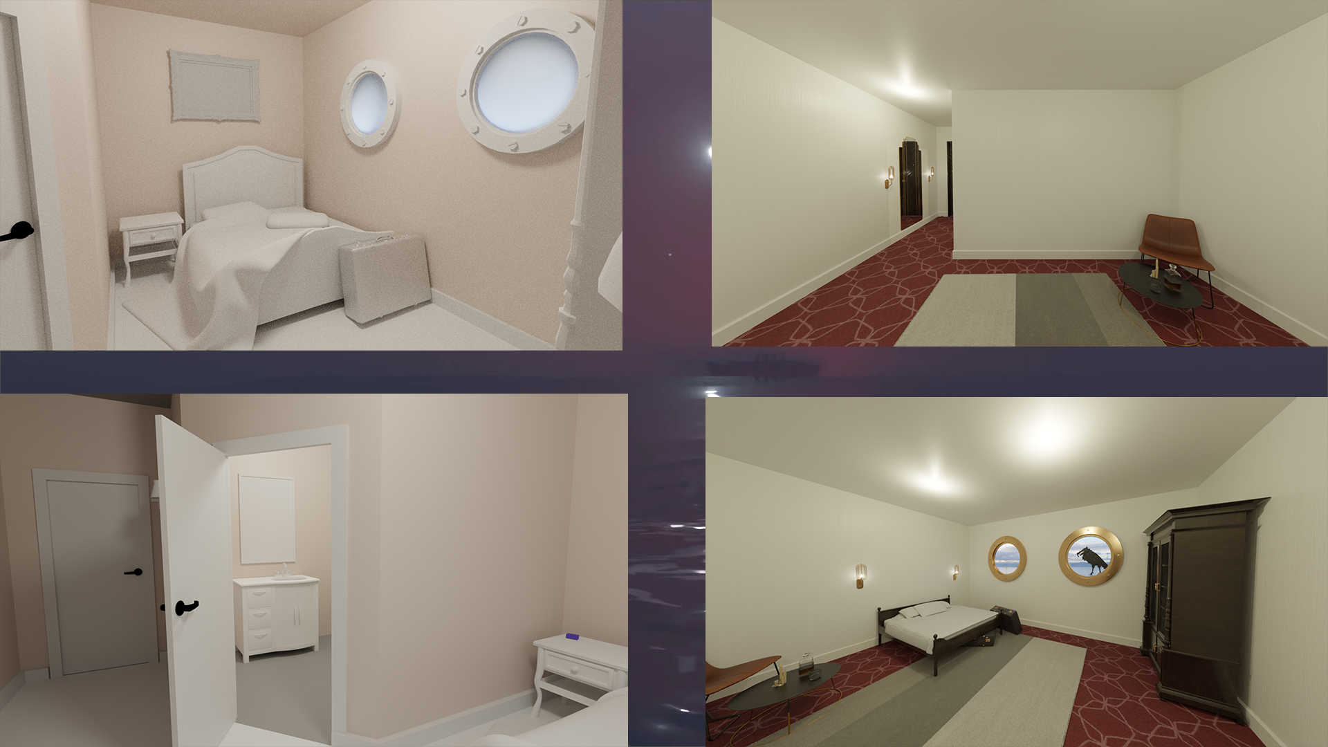Screenshots of a bedroom render from various points in development, showing texturing and design changes.