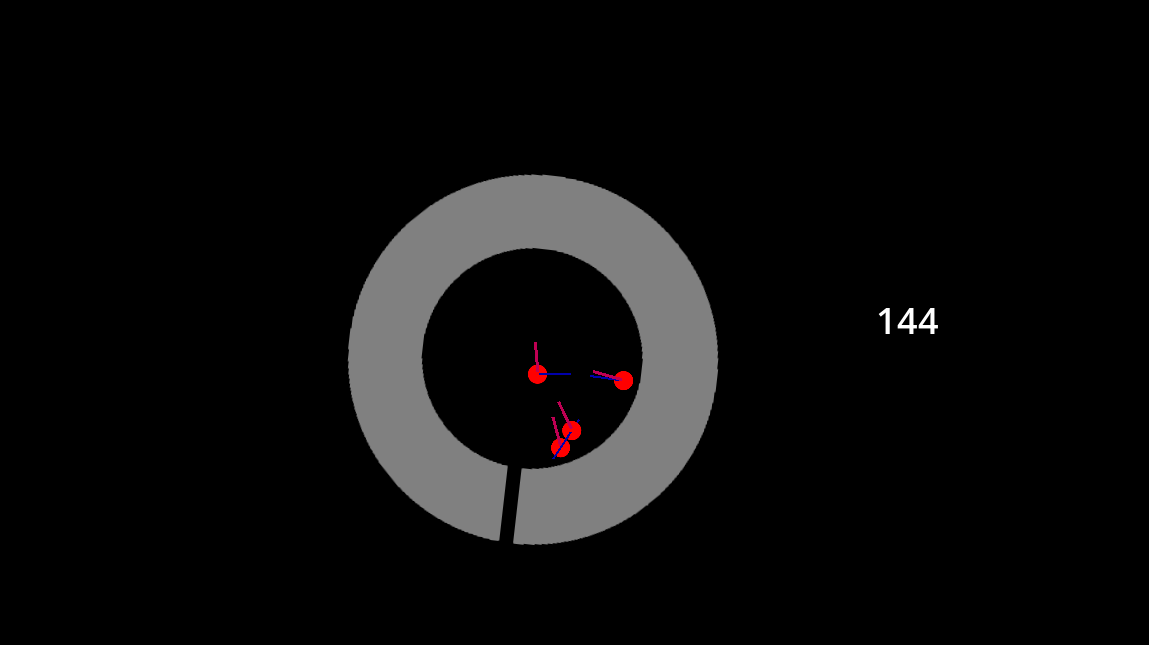 some red balls floating in a grey circle, inside a black void